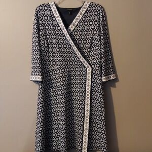 Talbots Dress Womens LargeP Blue White Faux Wrap Jersey Stretch Geometric Office